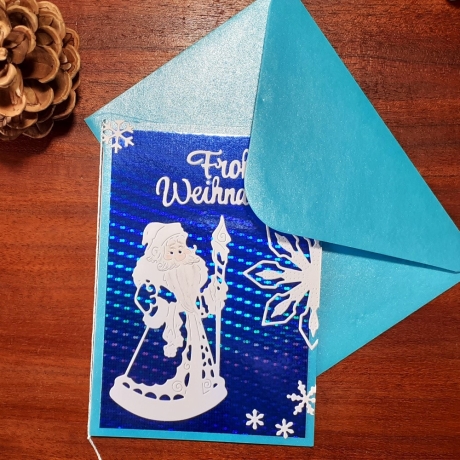 Weihnachtskarte frohe Weihnachten Blau-Metallic, Väterchen Frost 