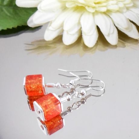 ღ OHRHÄNGER Würfel Crash Glas Orange mit Haken /5512O