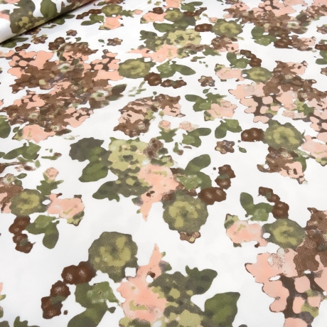 Stoff Baumwolle Stretch Blumen Camuflage weiß rosa grün braun