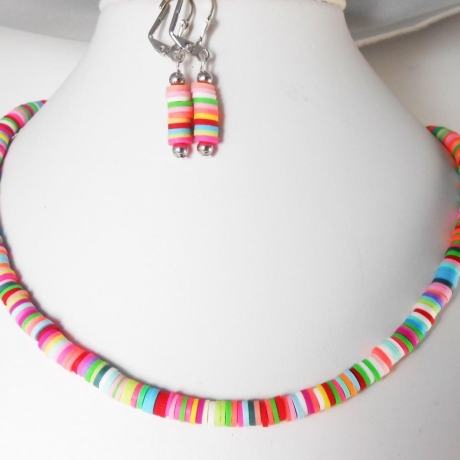 2er SET / Kette + Ohrhänger Fimo Scheiben bunt / 5875
