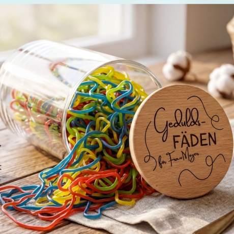 Geduldsfäden - Glas mit Deckel aus Buchenholz personalisierbar