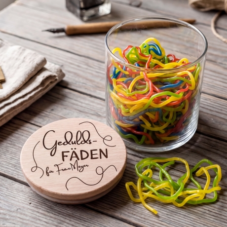 Geduldsfäden - Glas mit Deckel aus Buchenholz personalisierbar