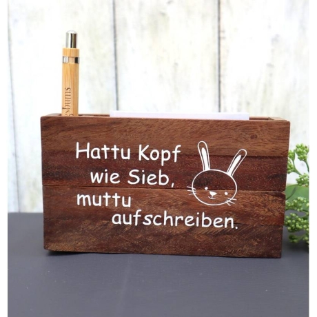 Notizzettelhalter mit graviertem Kuli Geschenk Idee Holz Spruch