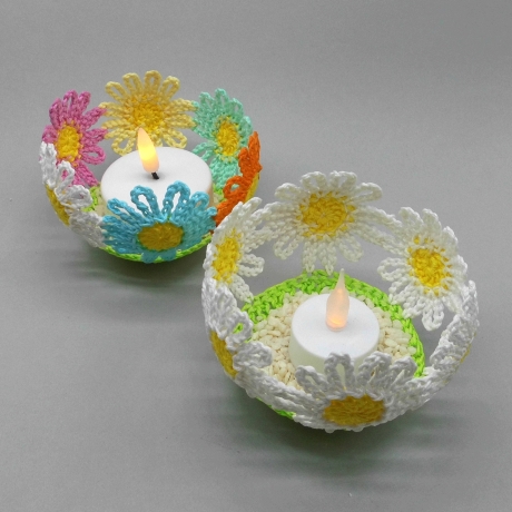 Häkelanleitung Blumen Teelichthalter aus Wollresten häkeln