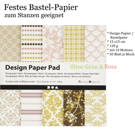 Bastel-Papier Papier *Olivgrün-Rosa* 15x15cm 50 Bl.10 Motive 120g