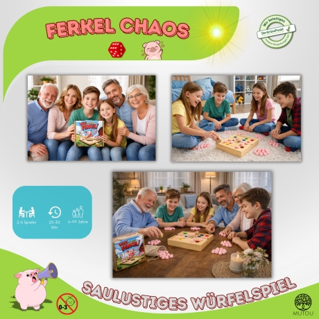 Weg mit dem Ferkel! – Lustiges Holz Würfelspiel 60 Schweinchen 