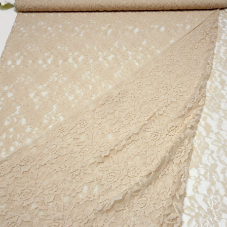 Stoff Stretch Spitze Spitzenstoff Blumen Rosen Ranken beige sand