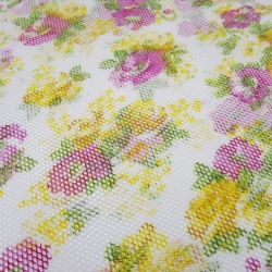 Stoff Stretch Netzstoff Blumenmuster Design weiß gelb pink grün