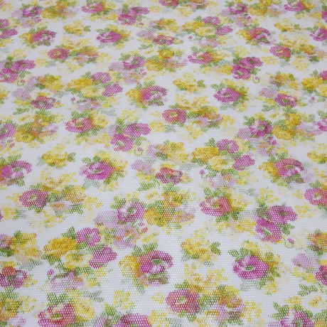 Stoff Stretch Netzstoff Blumenmuster Design weiß gelb pink grün