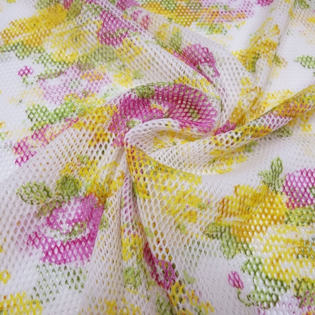 Stoff Stretch Netzstoff Blumenmuster Design weiß gelb pink grün