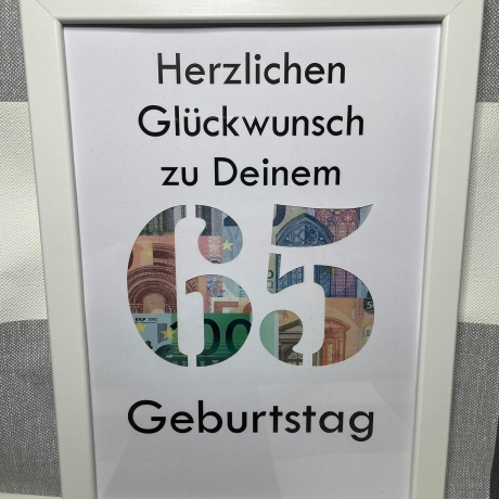 Geldgeschenk Bilderrahmen 65. Geburtstag personalisierbar DIN A4