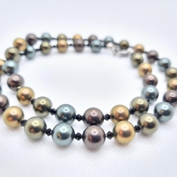 Elegante Kette Muschelkernperlen Braun Oliv Kristalle (678)