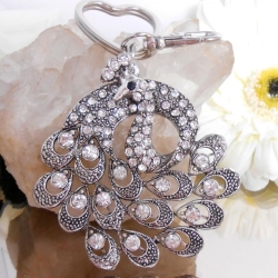 Schlüsselanhänger / Strass / Pfau + Herzring + Karabiner /6912