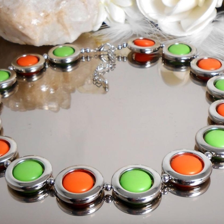 SET Halskette + Armband grün orange + Ringe / 6937