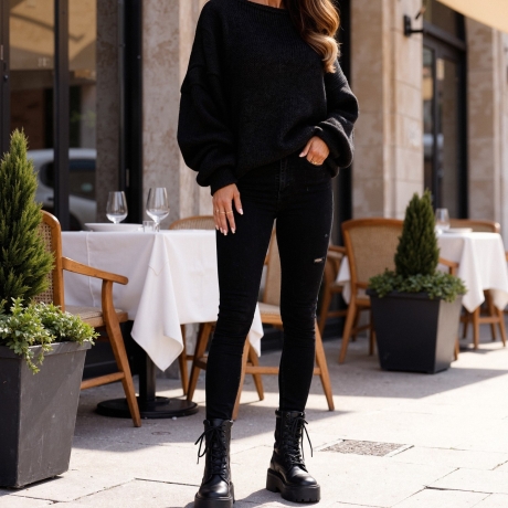 Oversize Strickpullover Schwarz Pulli mit weite Ärmel M L XL XXL