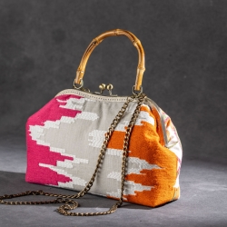 Handgemachte Jacquard Tasche – Orange/Pink mit Blumenmuster