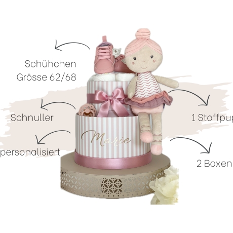 Windelbox Marie mit Püppi und Schühchen - personalisiert