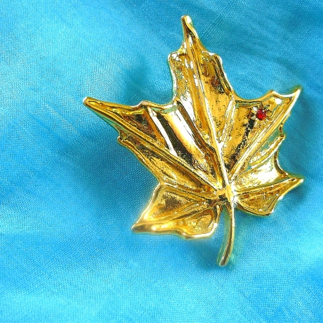 Vintage 70er Brosche Goldenes Blatt mit rotem Stein besetzt