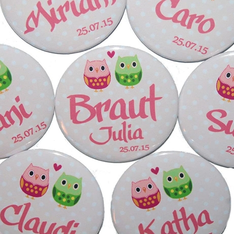 Buttons JGA Set groß 50mm 10 Stück personalisiert Eule