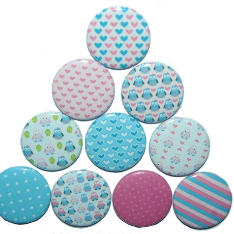 10 x Kühlschrankmagnet Magnetset 50mm rund Eule Herz