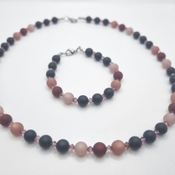Kette und Armband und Polarisperlen Perlen Rose Schwarz (729)
