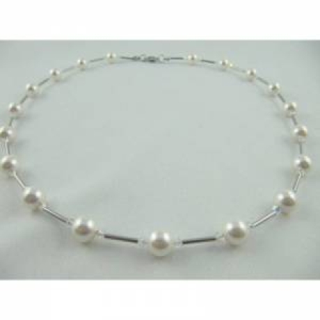 Kette Weiß  / Silber Perlen (335)
