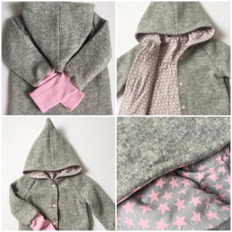 Wichteljacke aus Wollwalk Gr.86/92 grau/rosa handmade