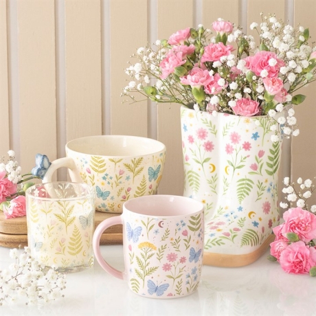 Keramik Tee Tasse / Kaffee Becher Blumen & Schmetterling