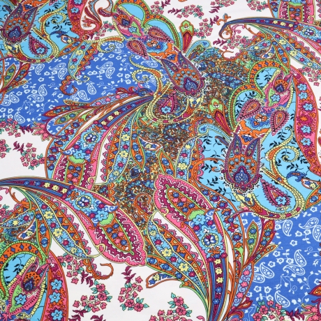 Stoff Viskose Jersey Paisley Design wollweiß grün rosa bunt