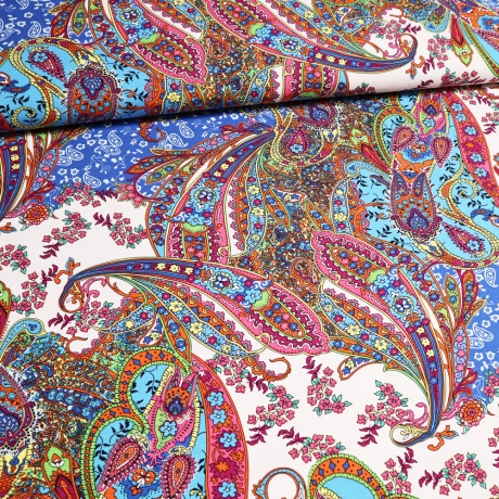 Stoff Viskose Jersey Paisley Design wollweiß grün rosa bunt