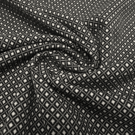 Stoff Stretch Feinstrick Jacquard kleine Raute schwarz wollweiß