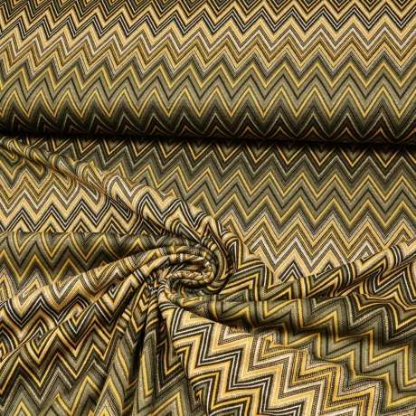 Stoff Strickstoff Jacquard Zick Zack Lurex khaki senf gold schw.