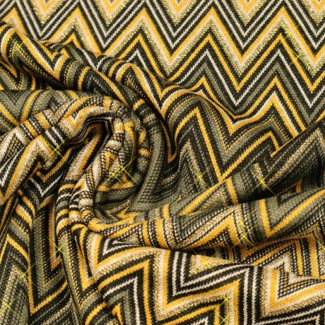 Stoff Strickstoff Jacquard Zick Zack Lurex khaki senf gold schw.