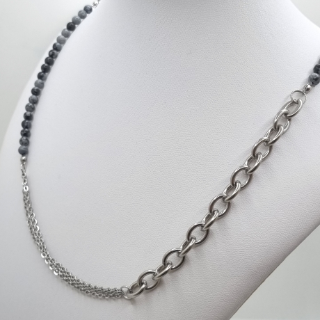 Edelstahlkette mit Obsidian Gliederkette mit Perlen (831)