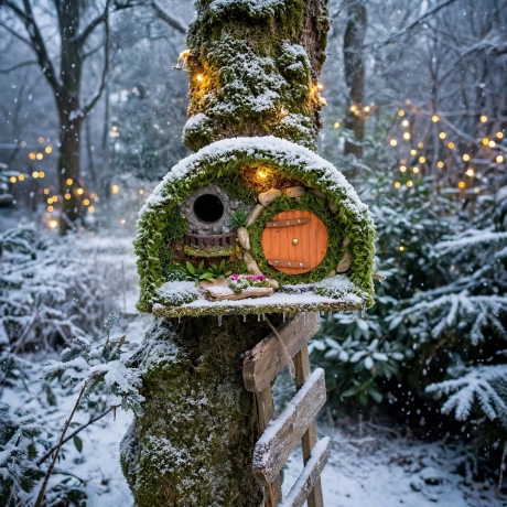 Hobbit Höhle Vogelhaus mit Moos & Balcon - Nistkasten 32mm