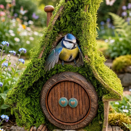 Hobbit Nistkasten Herz-Tür Moosdach - 32mm - Handgemacht Unikat