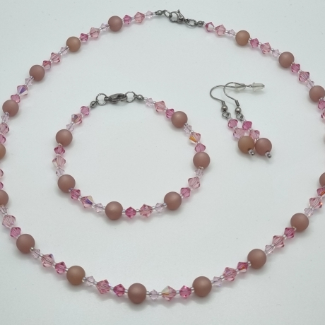 Schmuckset Rosa | Kette Armband  Polarisperlen & Bicone (835)