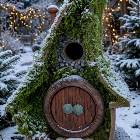 Hobbit Vogelhaus mit Moosdach & Herztür 