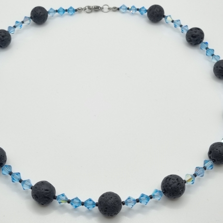 Handgemachte Lavaperlen Kette mit Bicone Kristallen Blau (837)