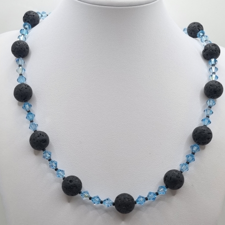 Handgemachte Lavaperlen Kette mit Bicone Kristallen Blau (837)