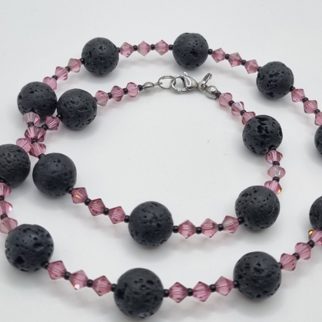Handgemachte Lavaperlen Kette mit Bicone Kristallen Rosa (837)