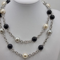 Edelstahl-Gliederkette mit Perlen Schwarz Grau Creme (842) 