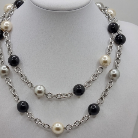 Edelstahl-Gliederkette mit Perlen Schwarz Grau Creme (842) 