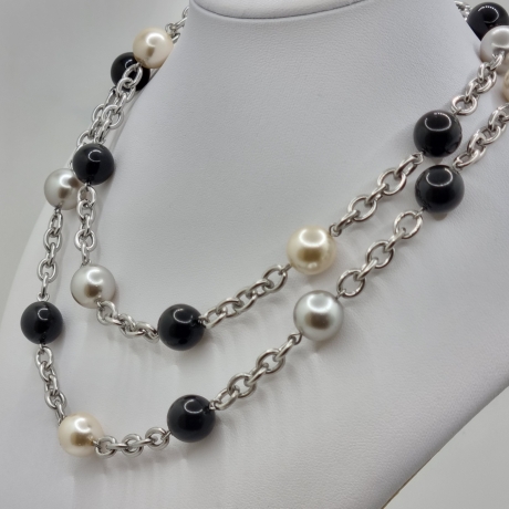Edelstahl-Gliederkette mit Perlen Schwarz Grau Creme (842) 