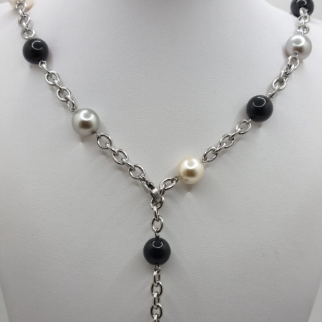 Edelstahl-Gliederkette mit Perlen Schwarz Grau Creme (842) 