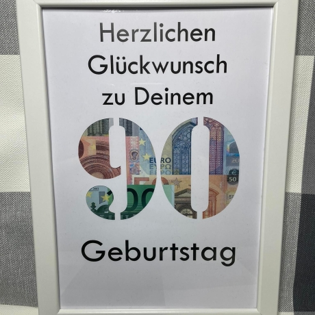 Geldgeschenk Bilderrahmen 90. Geburtstag personalisierbar DIN A4