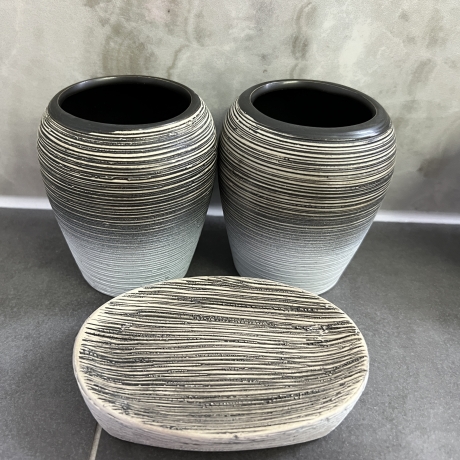Badset Badezimmer 5-Teilig Zubehör Edel Set Keramik grau muster