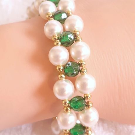 Armband zweireihig Weiß und Grün Schmuck für Damen Perlen-Schmuck