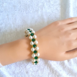 Armband zweireihig Weiß und Grün Schmuck für Damen Perlen-Schmuck