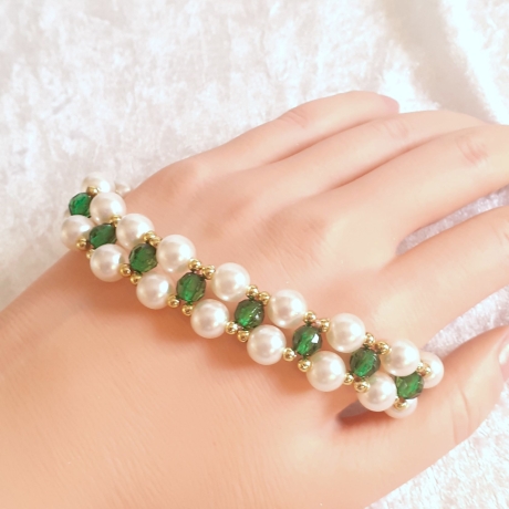 Armband zweireihig Weiß und Grün Schmuck für Damen Perlen-Schmuck